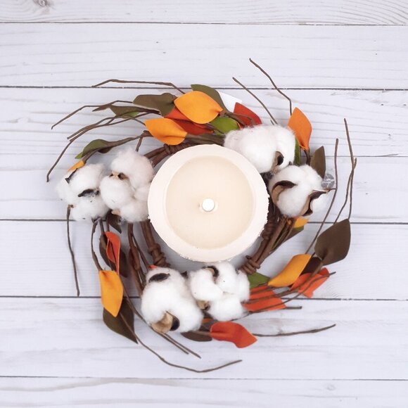 Fall Candle Ring Cotton Leaves 4 in Inside 9.5 in Overall - Picture 3 of 5